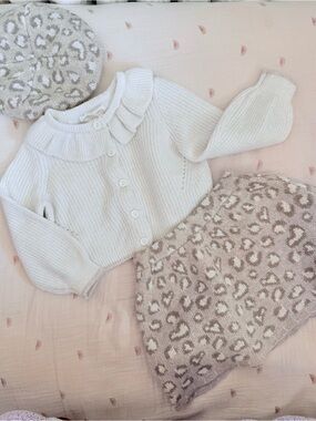 Soft White Ruffle Collar Knit Cardigan & Leopard Skirt Kids Matching Set